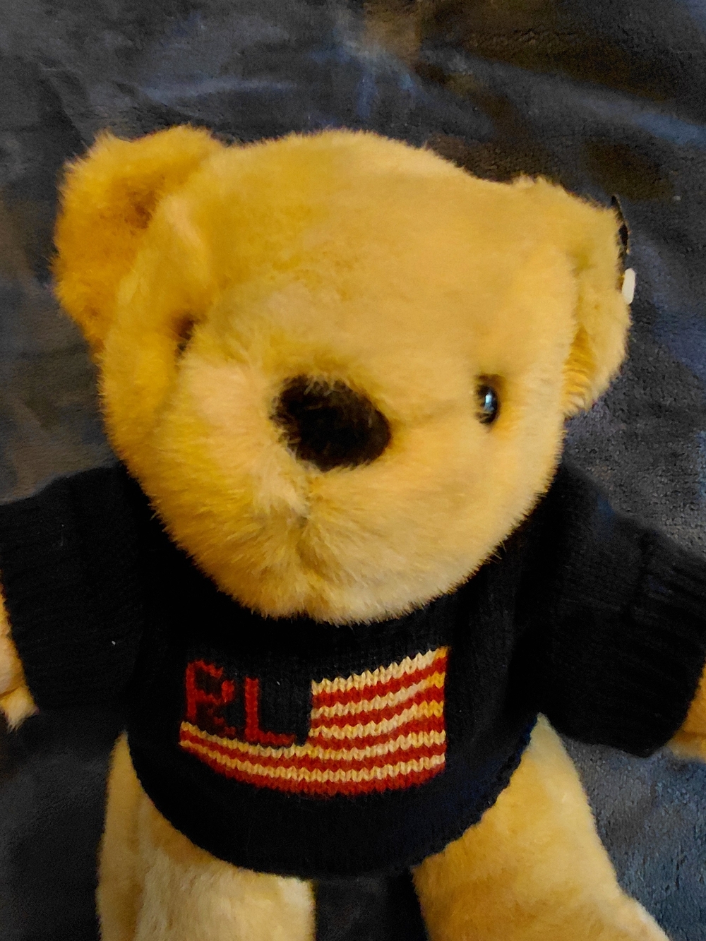 Vintage 1996 Ralph Lauren Bear RL Stars And Stripes Navy Flag Knit Sweater Plush